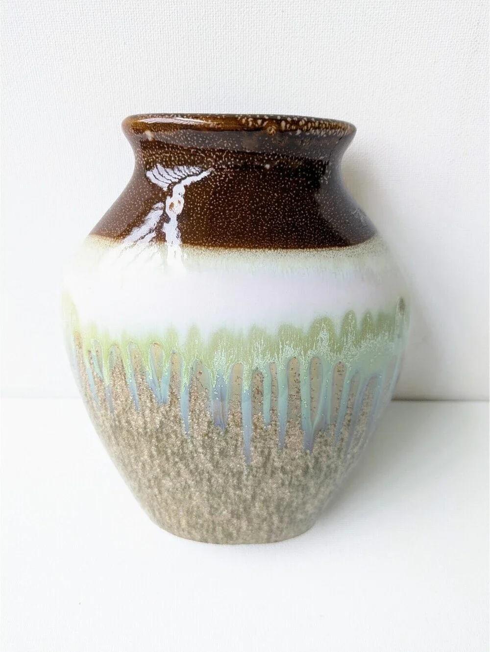 Drip Glaze Narrow Oval Vase in Retro Earthtones, Shelf or Window Sill Sized